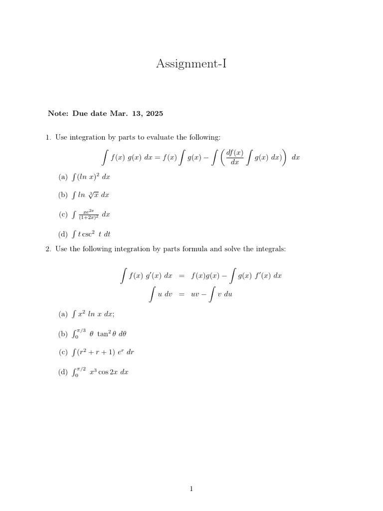 Integration by Parts Assignment Guide | PDF