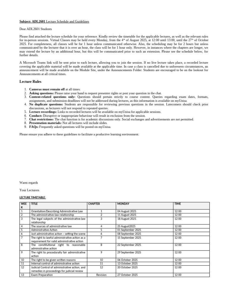 Lecture Schedule SEM 2 2025 FINAL | PDF | Lecture | Justice