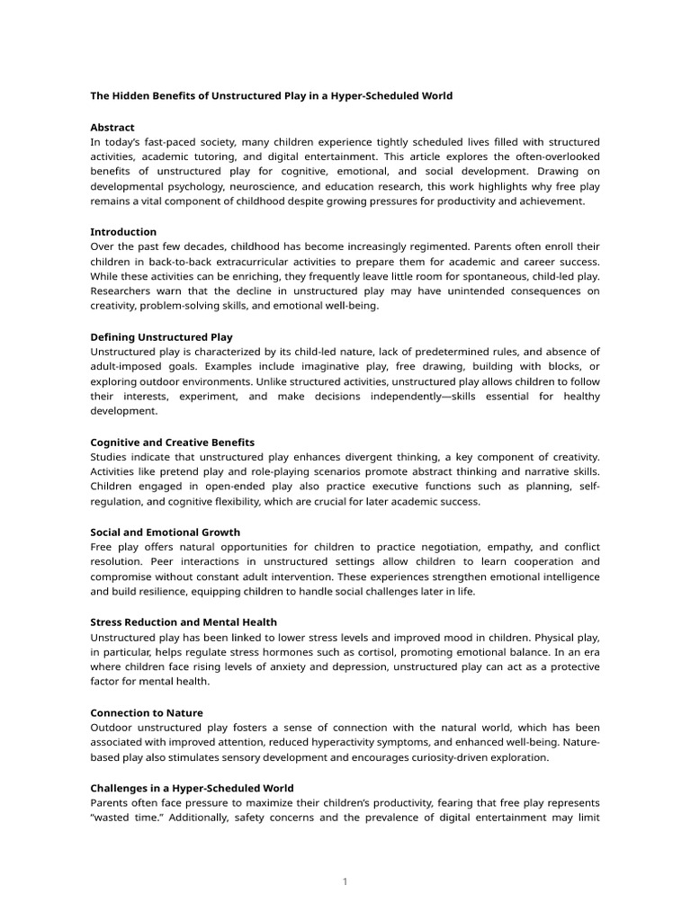 Benefits of Unstructured Play for Kids | PDF | Well Being | Mental Health