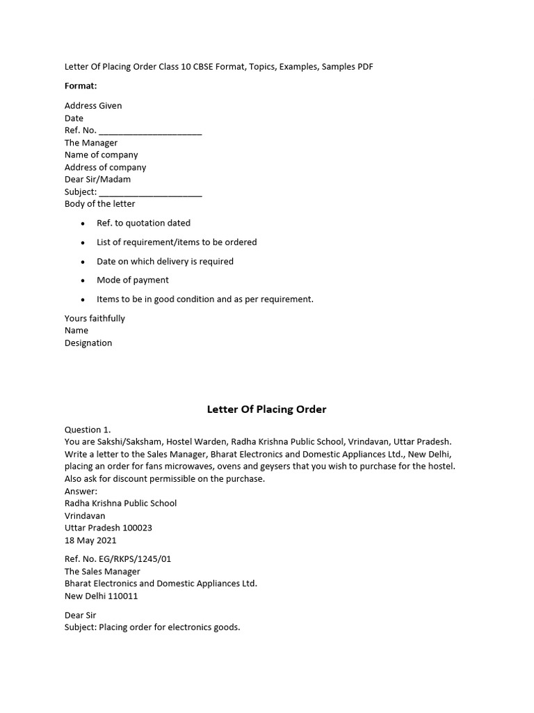Class 10 Order Letter Format Guide | PDF