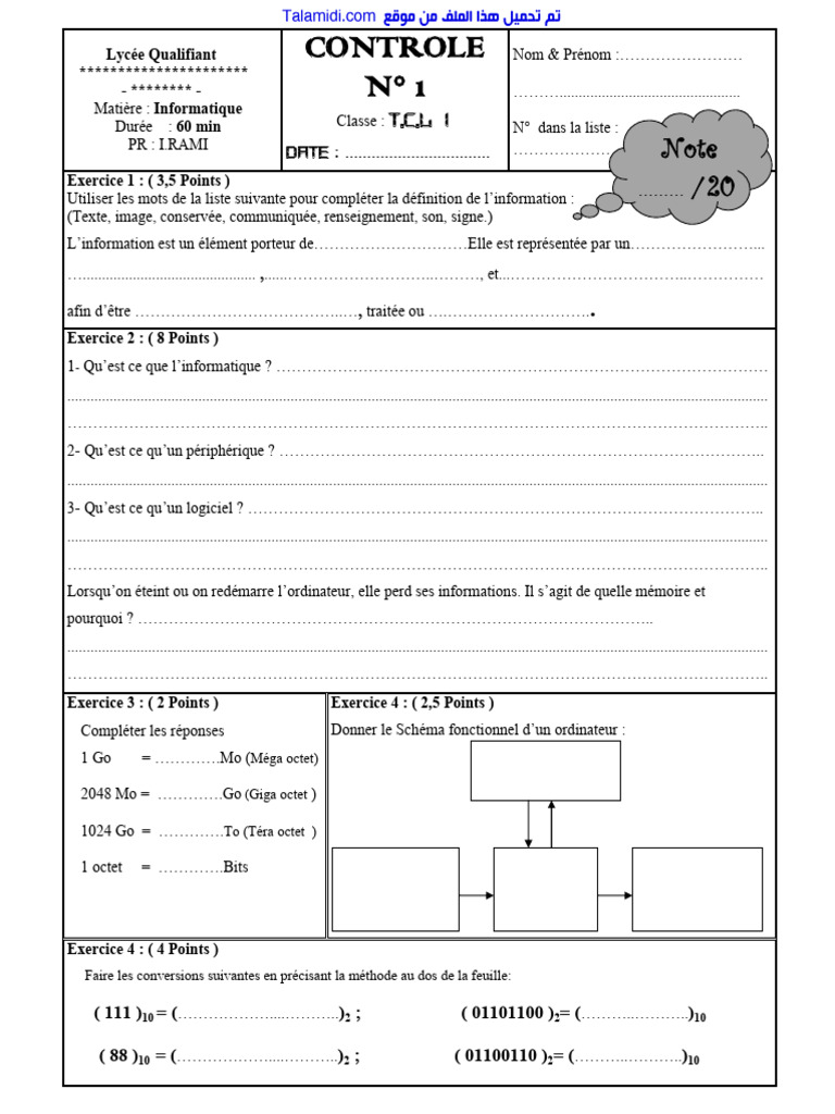 Contrôle Informatique Lycée T.C.L 1 | PDF | Informatique | Ingénierie ...