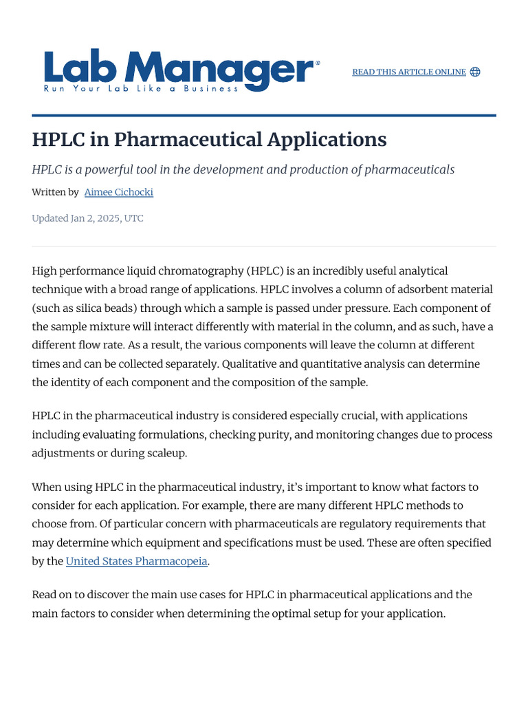 HPLC in Pharmaceutical Applications | PDF | High Performance Liquid ...