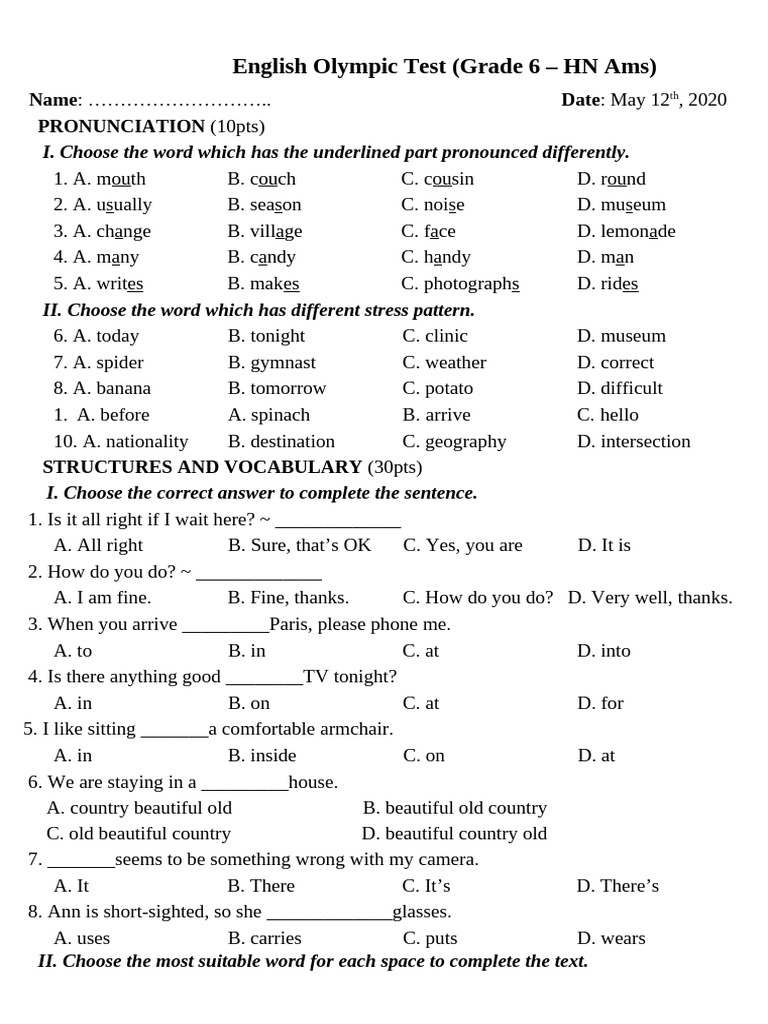 Grade 6 English Olympic Test Guide | PDF