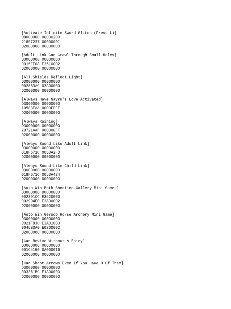 Zelda Game Cheat Codes Guide | PDF | The Legend Of Zelda