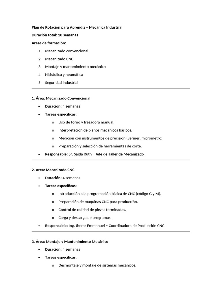 Plan de Rotación Aprendiz Mecánica Industrial | PDF