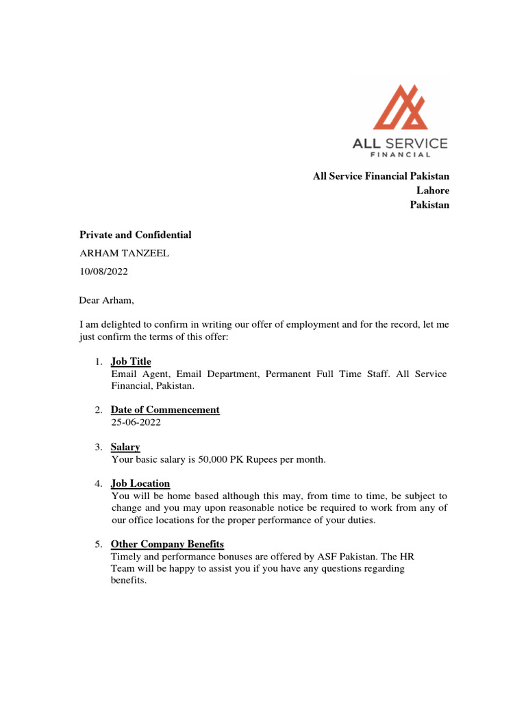 ASF Offer Letter 2022 Arham Tanzeel | PDF