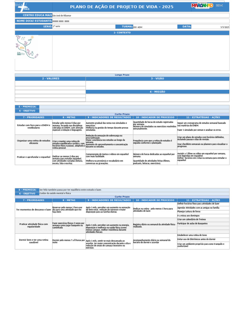 Plano de Ação: Projeto de Vida 2025 | PDF | Dormir