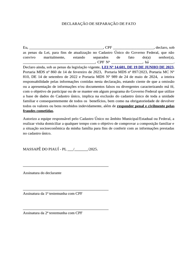 Declaração de Separação de Fato | PDF