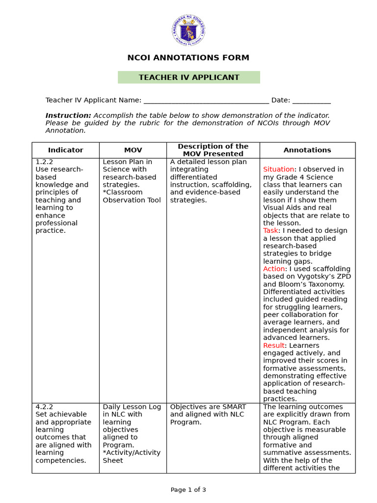 NCOI Annotation Form for Teacher IV | PDF | Educational Assessment ...