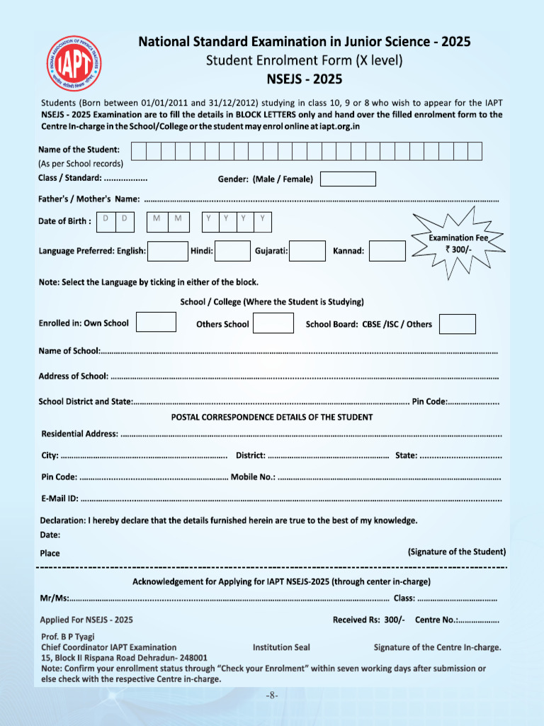 Junior Science Student Registration Form | PDF