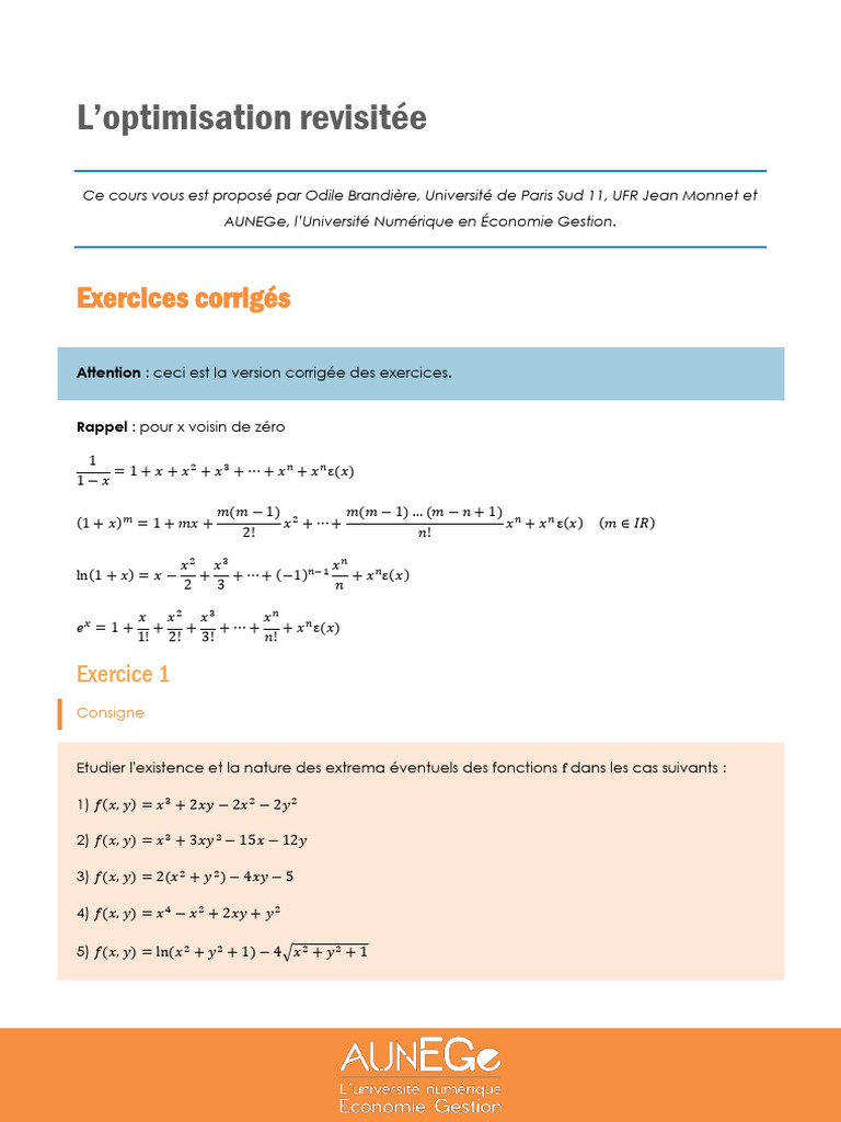 Correction des exercices d'optimisation | PDF | Objets mathématiques ...