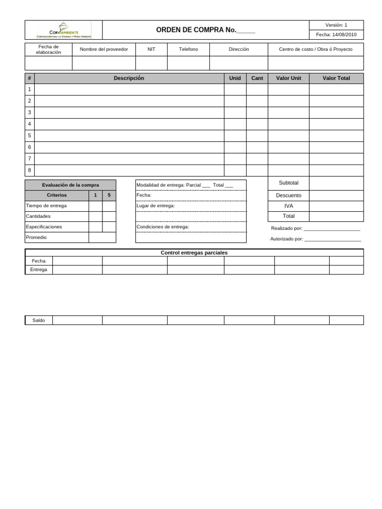 Orden de Compra: Formato y Detalles | PDF