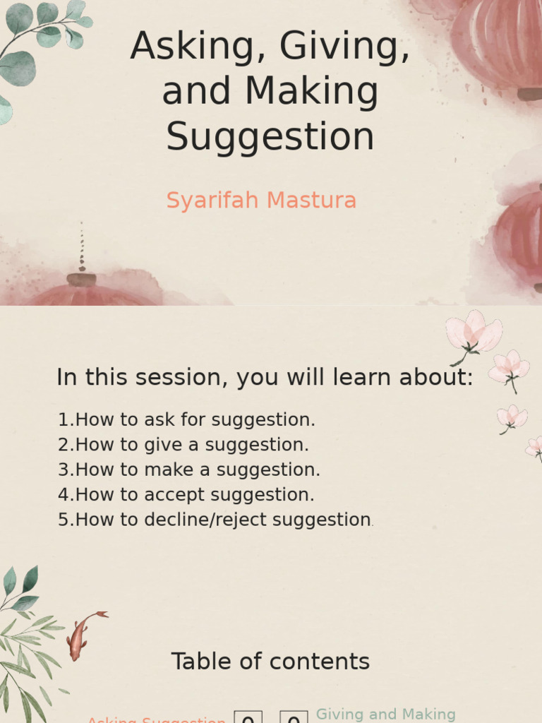 Asking, Giving, and Making Suggestion | PDF | Grammar | Semantic Units