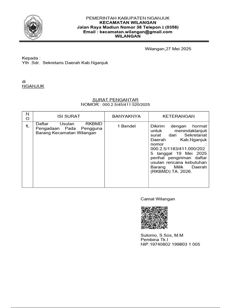 Surat Usulan RKBMD Kecamatan Wilangan | PDF