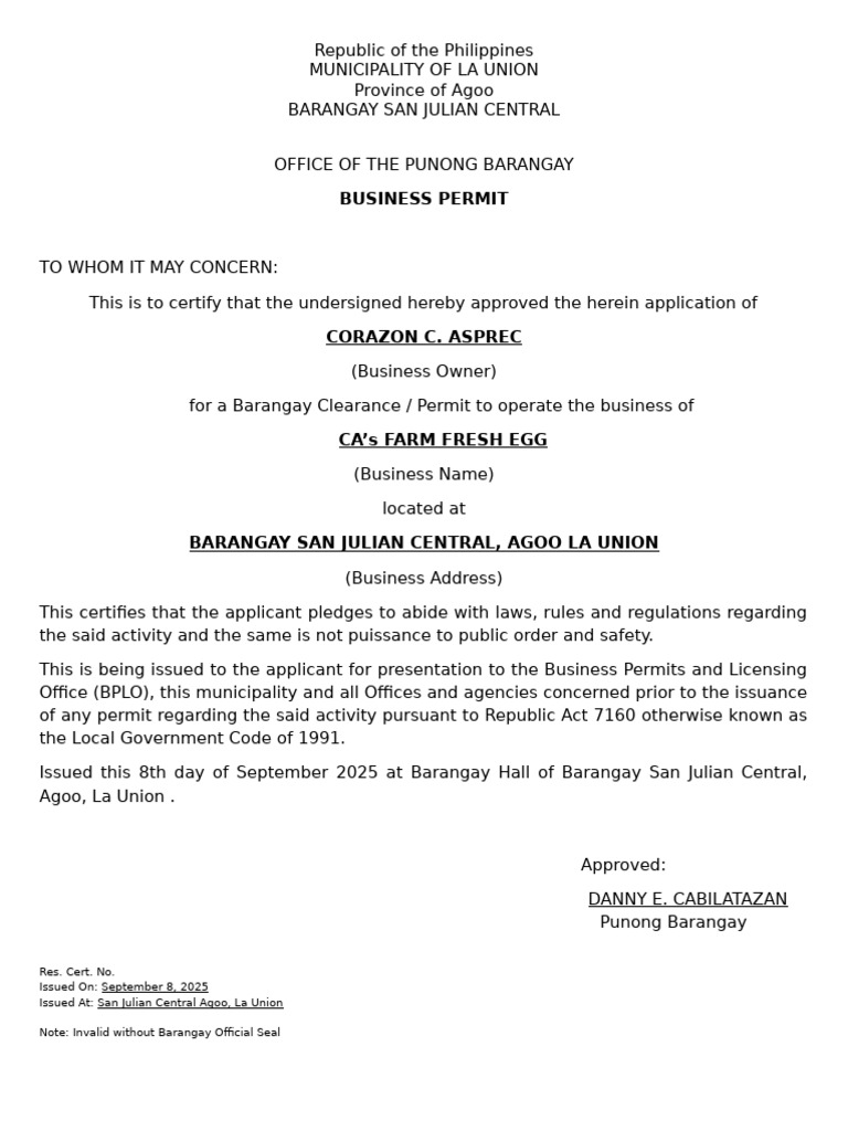 Barangay Business Permit for CA's Farm Fresh Egg | PDF