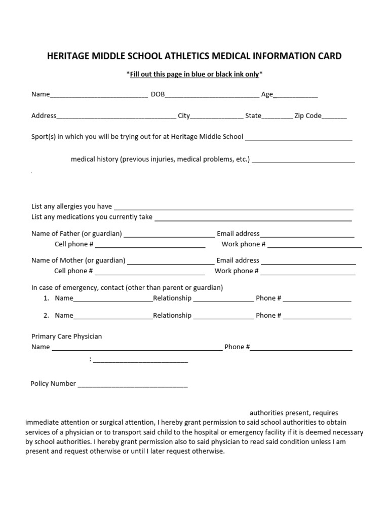 Heritage Middle School Athletics Medical Card | PDF