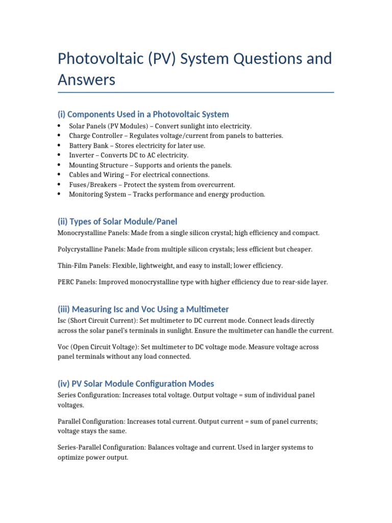 PV System Questions Answers | PDF
