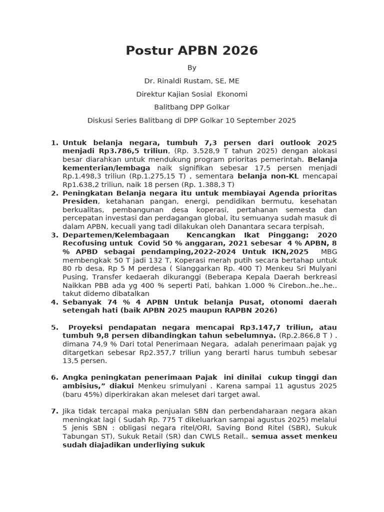 Postur dan Asumsi Makro APBN 2026 | PDF