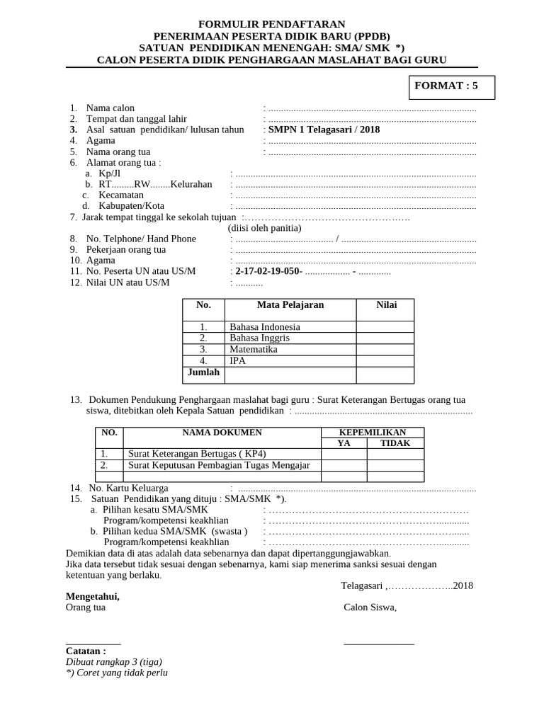 Formulir 5 Jalur PMBG 2018 | PDF
