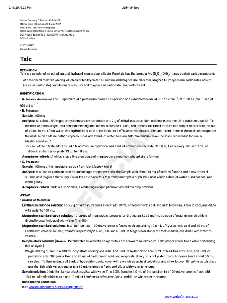 USP Monograph for Talc Analysis | PDF | Magnesium | Atomic Absorption ...