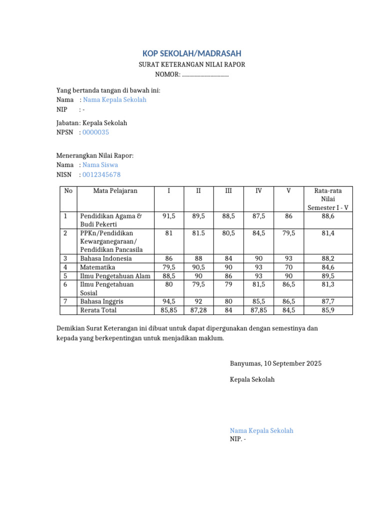 Contoh Surat Keterangan Nilai Rapor | PDF