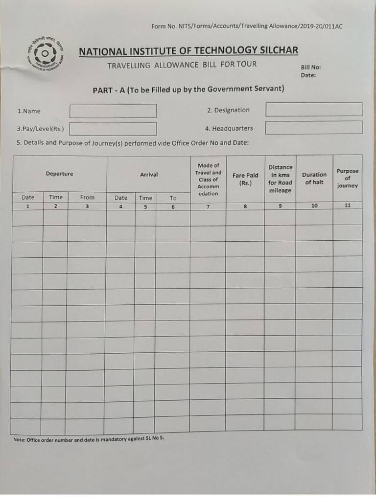 Travelling Allowance Bill For Tour Ta | PDF