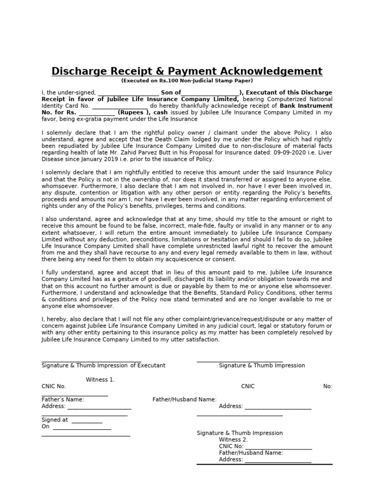Discharge Receipt & Payment Acknowledgement: (Executed On Rs.100 Non ...