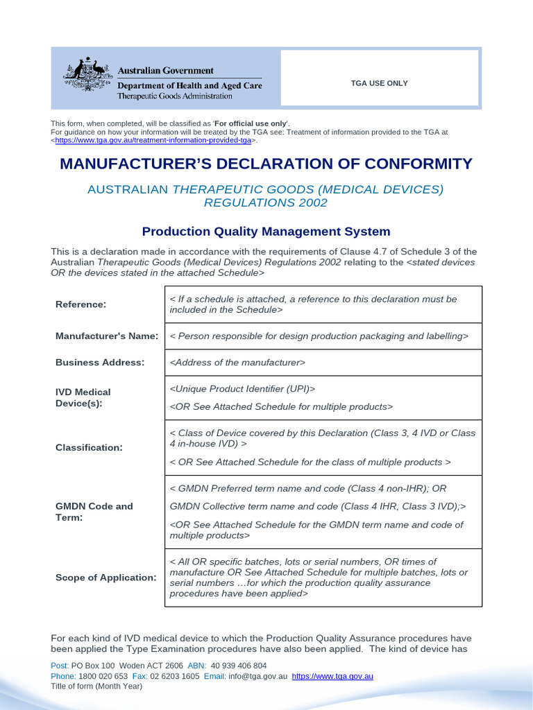 TGA Manufacturer's Conformity Declaration | PDF | Medical Device ...