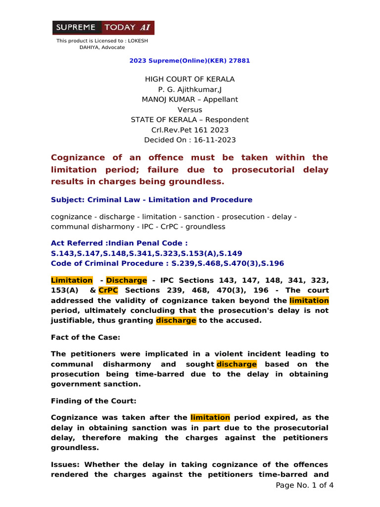 Manoj Kumar Vs State of Kerala 2023 Supreme Online Ker 27881 | PDF ...