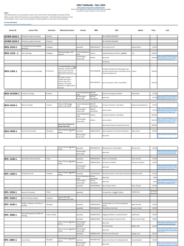 CMU Fall 2025 Textbook List | PDF | Textbook