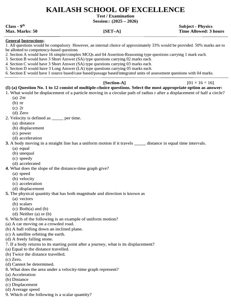 9th (Set-A) Physics QP (July) | PDF | Velocity | Acceleration