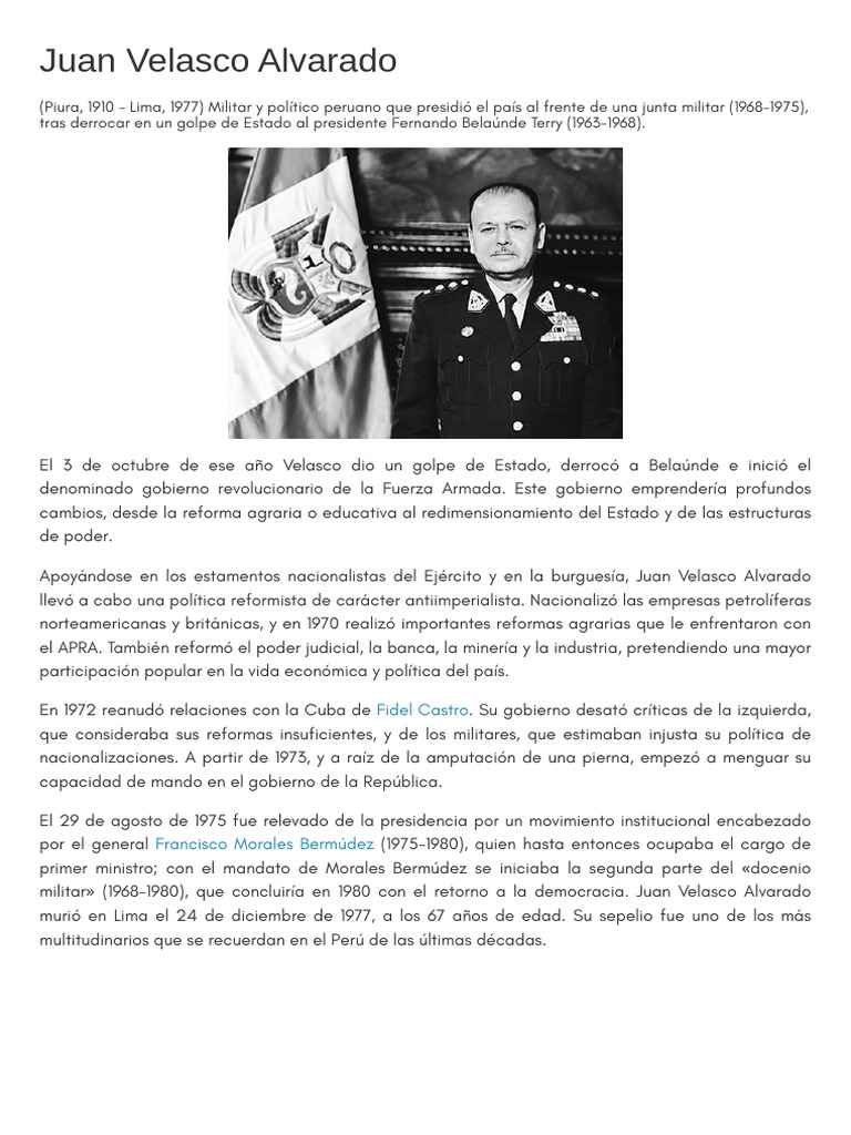 Juan Velasco Alvarado: Reformas y Golpe de Estado | PDF