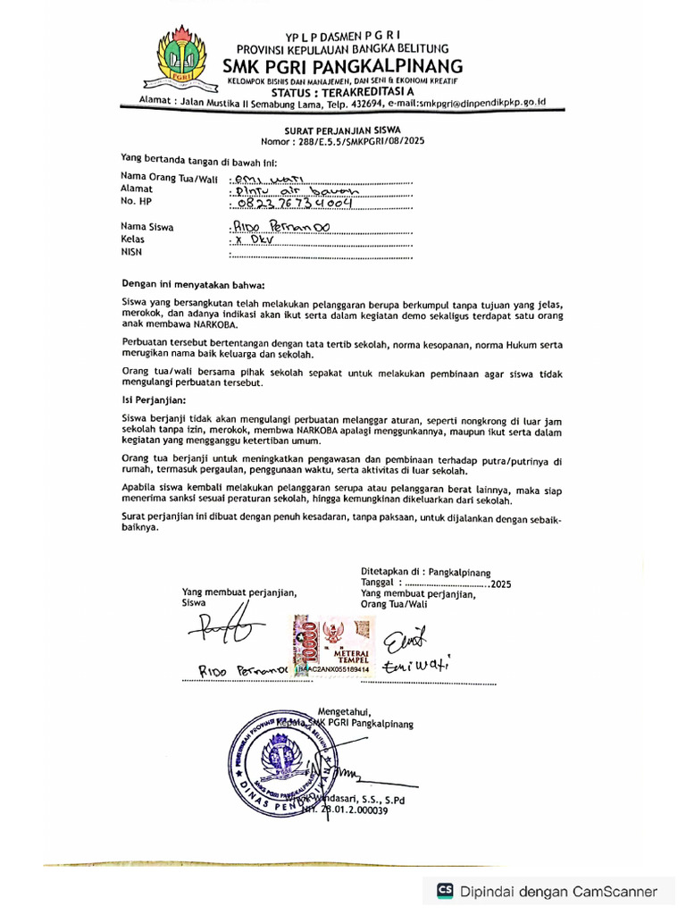 Surat Perjanjian Siswa Demo Dan Narkoba | PDF