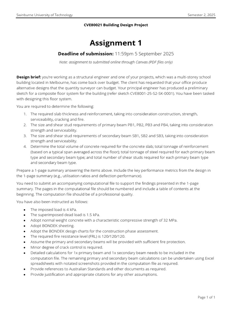 CVE80021 2025 S2+Assignment+1+Brief | PDF | Beam (Structure) | Concrete