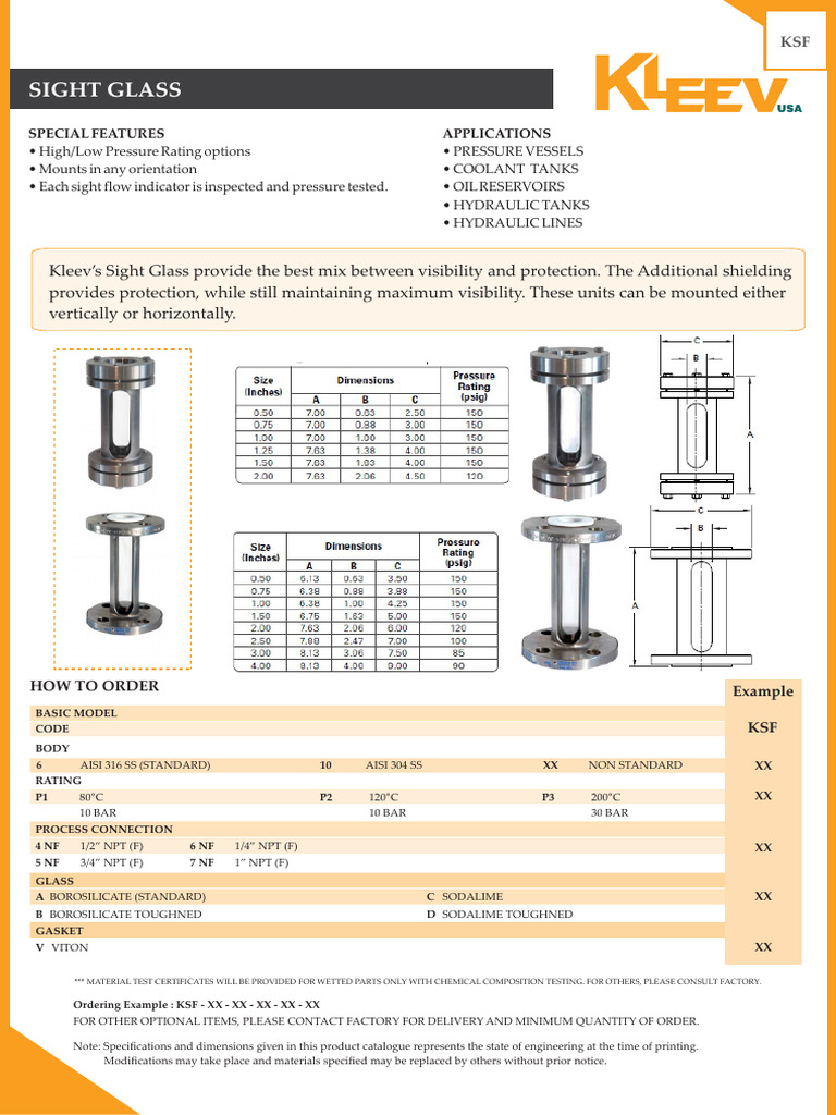 Kleev Sight Glass Specifications & Ordering | PDF | Materials | Applied ...