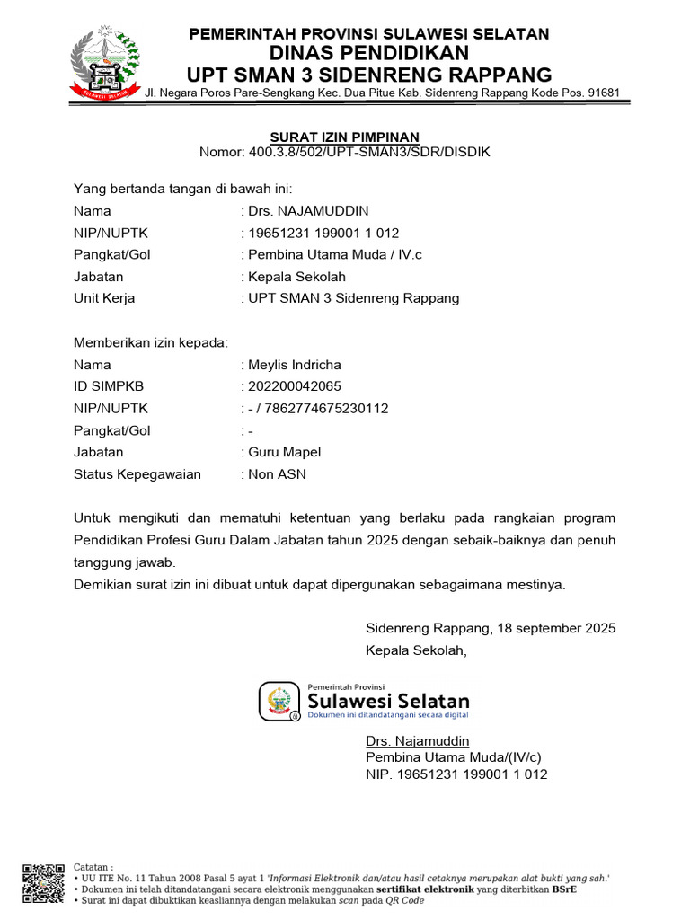 Surat Izin Guru untuk Pendidikan Profesi | PDF