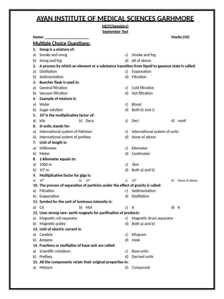 MLT Chemistry Test Questions and Answers | PDF | Celsius ...