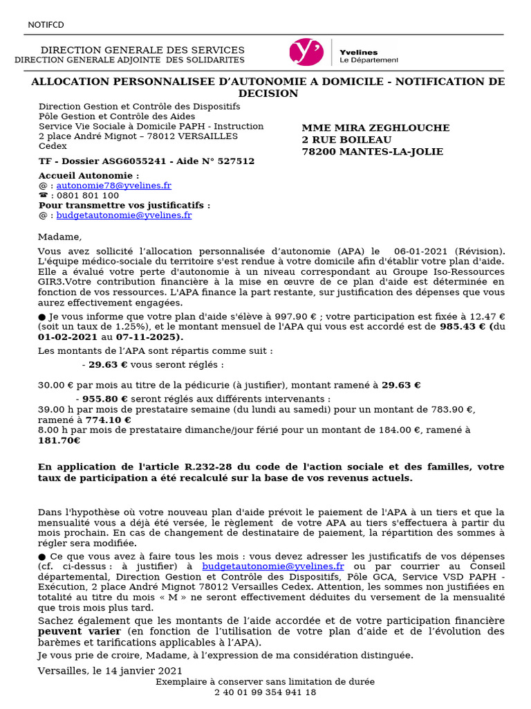 Notification d'Allocation Personnalisée APA | PDF