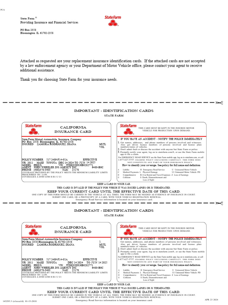 State Farm Insurance Card Instructions | PDF | Insurance | Vehicle ...