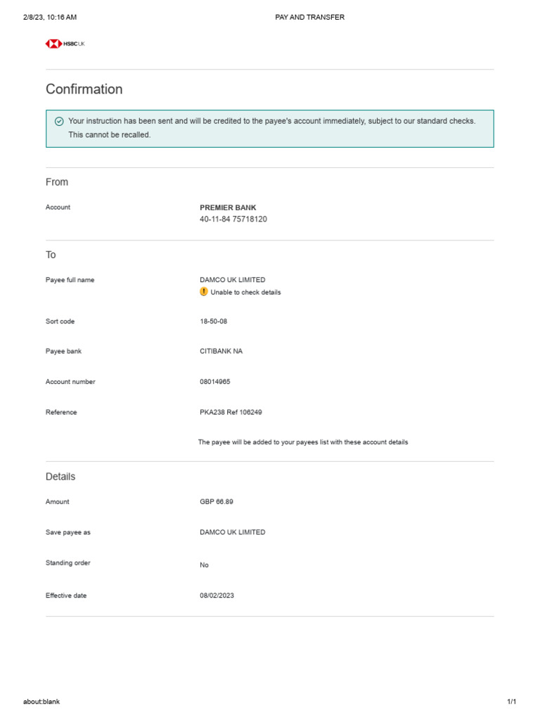Payment Confirmation for DAMCO UK | PDF