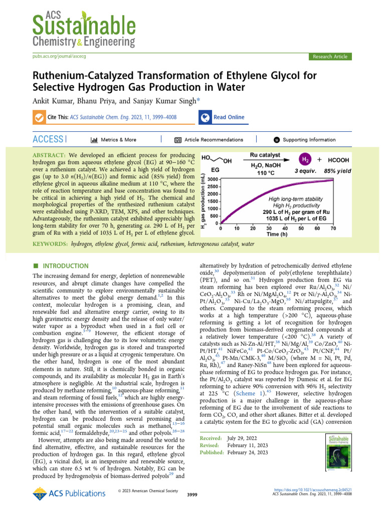 Ruthenium Catalyst for Hydrogen from EG | PDF | Catalysis | Chemical ...