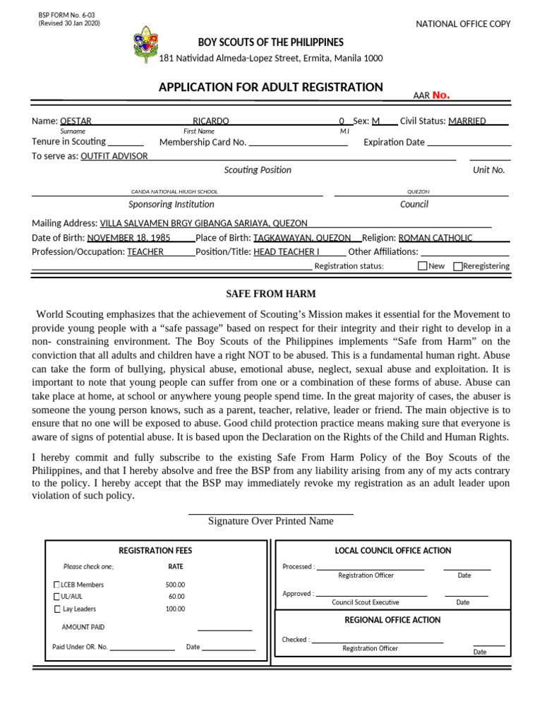 BSP Adult Registration Form and Fees | PDF | Child Protection | Bullying