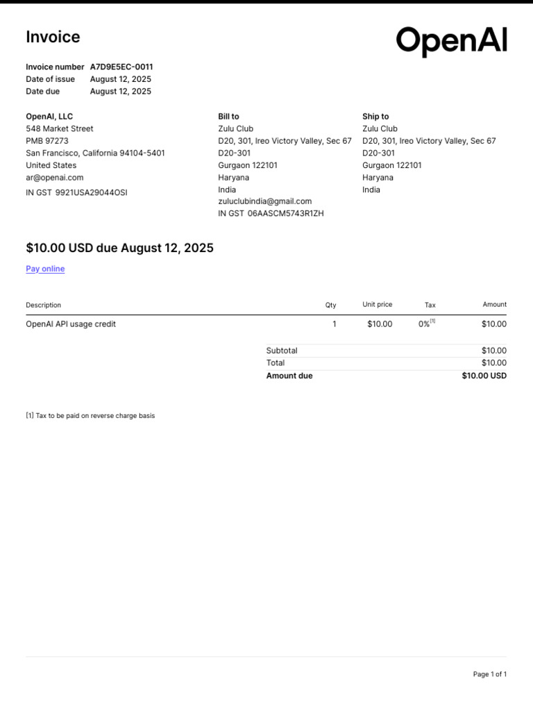 OpenAI Invoice for Zulu Club | PDF