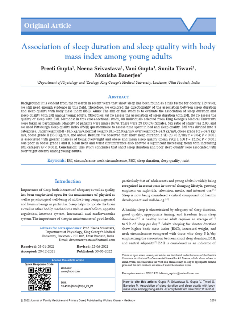 Association of Sleep Duration and Sleep Quality.159 | PDF | Body Mass ...
