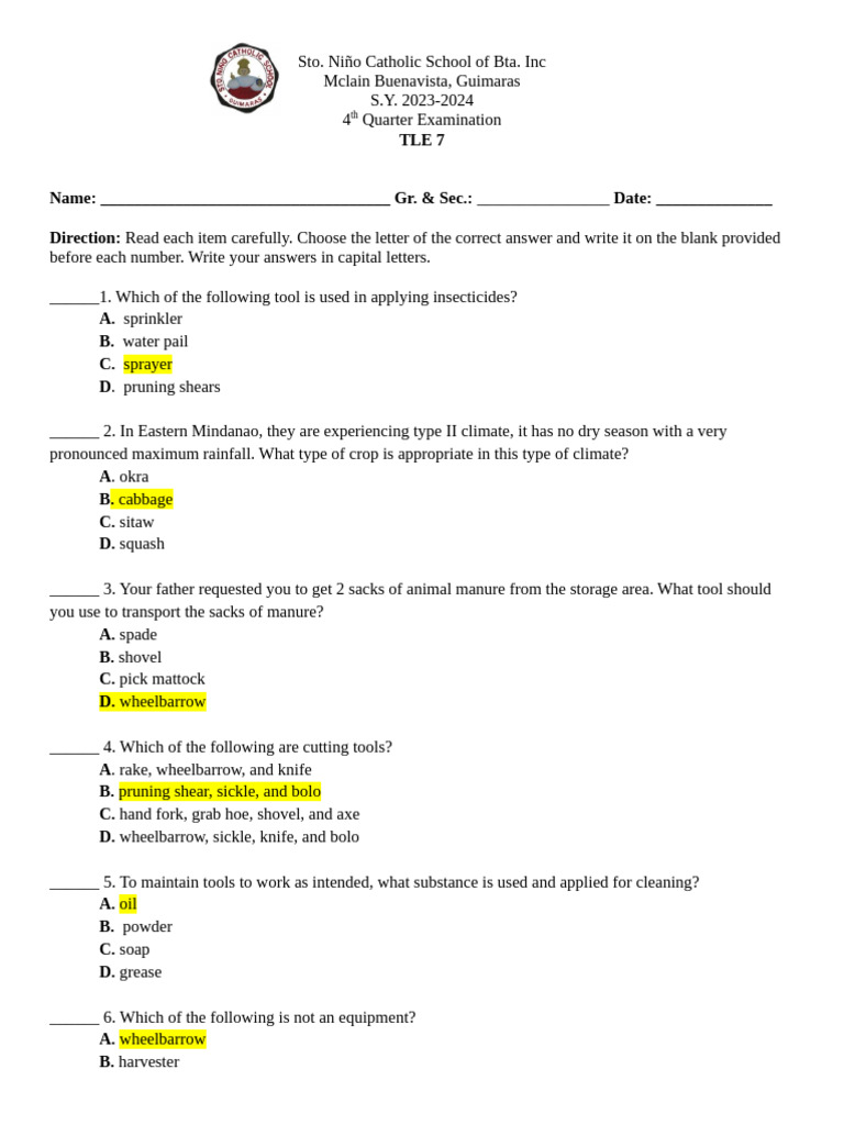 TLE 7 4th Quarter Exam Guide | PDF | Agriculture | Personal Protective ...