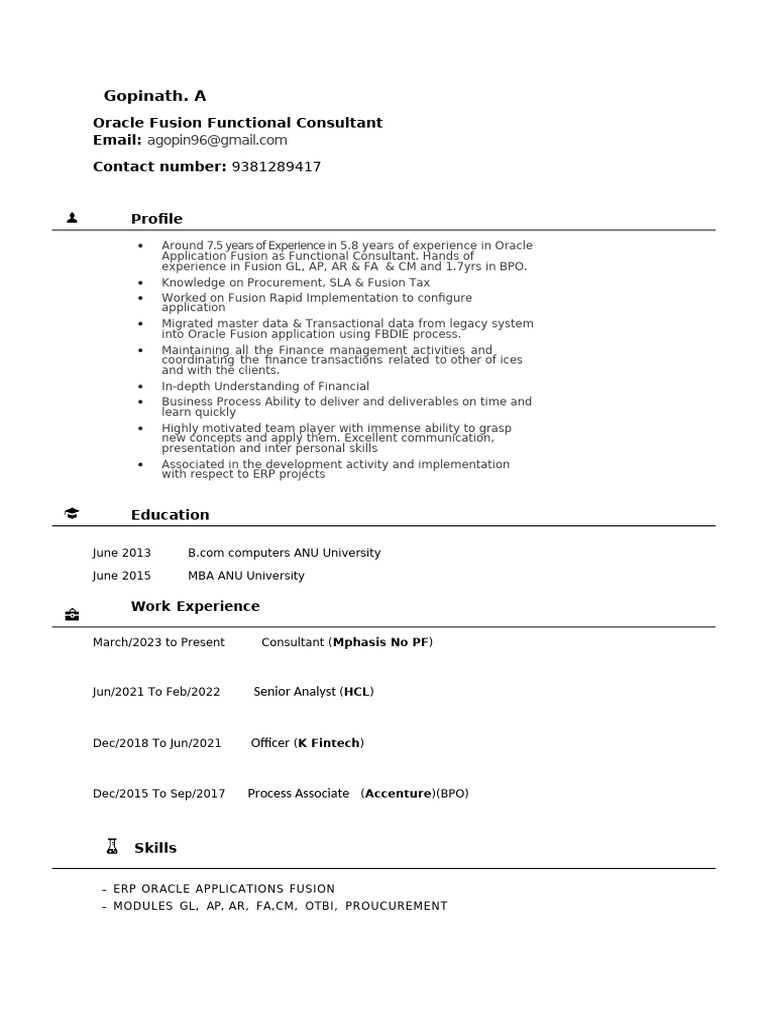 Oracle Fusion Consultant Profile | PDF | Business