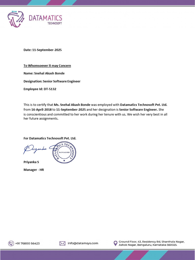 Datamatics Exp Letter - Snehal Akash Bonde-1 | PDF