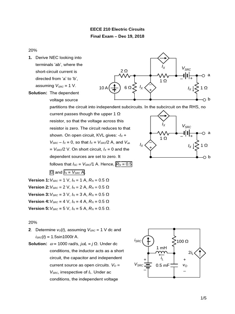 EECE 210 Final Exam Solutions | PDF | Electrical Network | Electrical ...