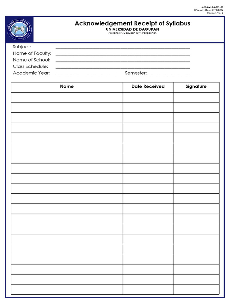 Acknowledgement Receipt of Syllabi by The Student 1st Year | PDF