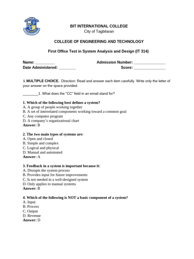 System Analysis and Design Test Guide | PDF | Software Development ...